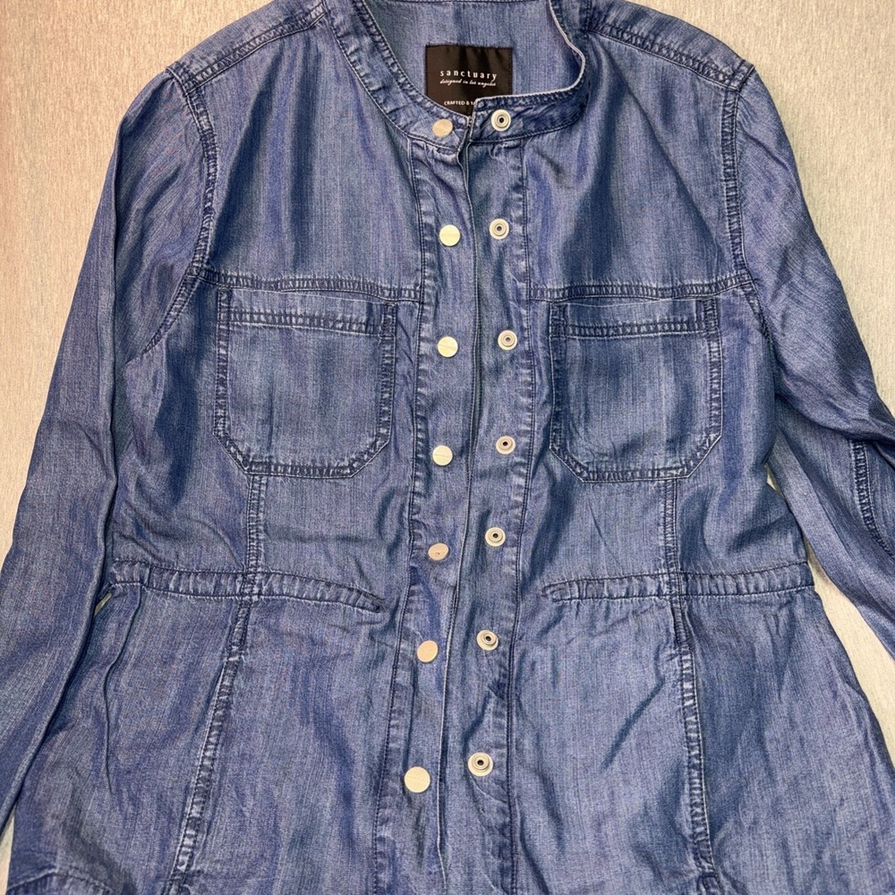 Sanctuary Women's Medium 100% Tencel Chambray Utility Jacket Snap Front Blue
